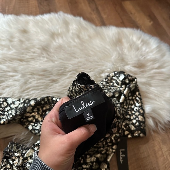 LULU’S Thrill Me Black And Gold Leopard Print Surplice Dress - Picture 4 of 4